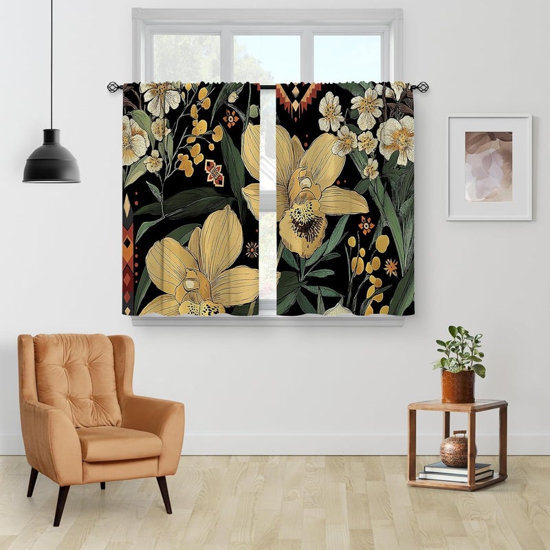Aimego Boho Floral Kitchen Curtains - Rustic Small Short Cafe Tier Curtains for Living Room Rod Pocket Window Drapes 36 Inch Length 2 Panels Set 28"x36" - Image 2